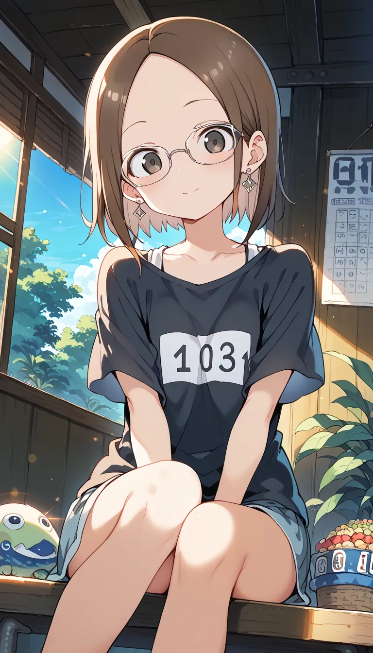 ( takagi-san)One,cute girl,Youngface、slim figure、 Read more,((simple earrings))、（((Ｔ shirt、miniskirt)))、beautiful hair, Facial Contour, Remember、illumination、 splash , Lens Flare,Natural colors, high definition, very delicate, is very well detailed, 8k,Shy...