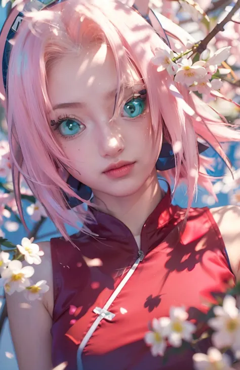  young,  short pink hair to the shoulders, wide forehead, porcelain skin, pink eyebrows, big emerald green eyes, button nose, full lips, Heart-shaped face, thin body pupils, small breasts, red sleeveless t-shirt, Sakura Haruno , realistic, realism,  detail...