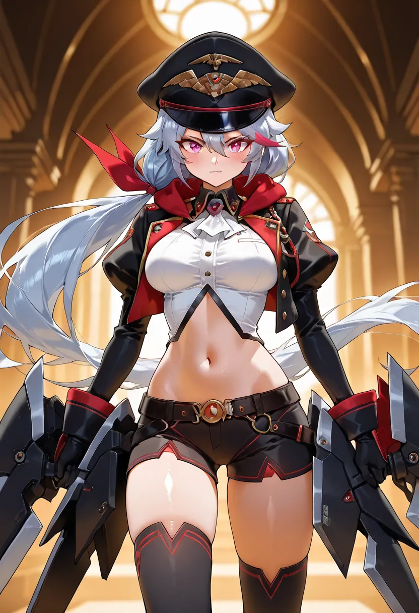 AG Teufel , Armadura preta , black socks , black gloves , black Kepe military hat , boots , black jacket , (white chest area ,  wearing white blouse) , white details on the chest , (( bare belly )) ,  navel , black compression socks , Cabelo Longo , very l...