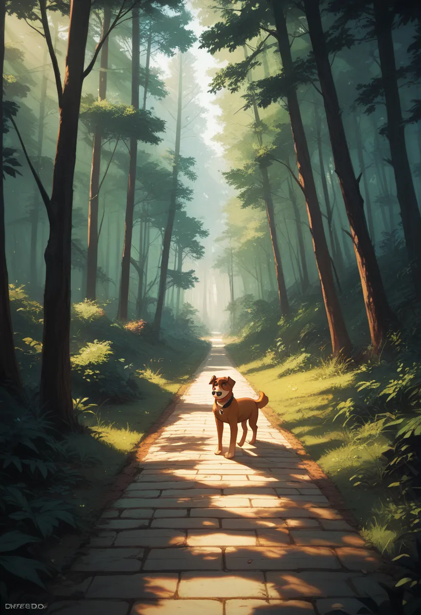 shaggy black Scotty dog standing on a yellow brick road in a deserted forest, masterpiece, dramatic lighting, highly detailed, depth of field #OzExp00