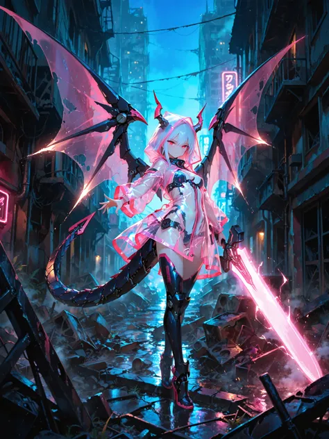 masterpiece, best quality, very aesthetic, absurdres,,full body, 1girl, neon lights, see-through holographic clothing, see-through raincoat, dragon horns, mechanical tail, mecha musume, tsurime, holding greatsword, huge weapon, draconic wings,energy wings,...