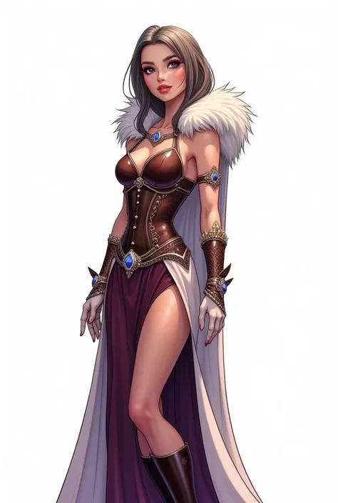 90s Cartoon style, of a beautiful female sorceress with a tall and athletic structure ,lean physical structure ,Age of 47 years  ,with greyish brown hair Channel cut smooth around the shoulders,Your eyes are like a violet,She wears a high-waisted dress and...