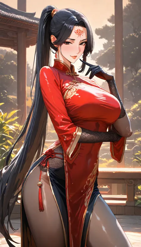 SOLO, A Female,Mature flavor, Perfect body, (Chinese long hair,Black Hair,Single ponytail),(Black eyes),Red Forehead tattoo, Wearing A Red Taoist Robe (Cheongsam style),Black pantyhose,Black long silk gloves, In the Chinese classical garden, Outdoor,Naught...