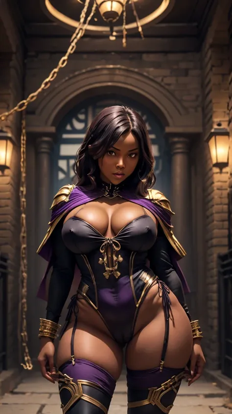 30 year old Ebony woman, wearing a high tech long sleeves one piece leotard gold laces tied in front purple superheroine leotard with gold trim around cleavage Wakandan warrior theme, advanced technology costume, v-shaped neckline, black laces tie front, b...