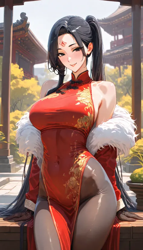 SOLO, A Female, Perfect body, (Chinese long hair,Black Hair,Single ponytail),(Black eyes),Red Forehead tattoo, Wearing A Red Taoist Robe (Cheongsam style),Wearing Fur Vest, Black pantyhose, Black long silk gloves, In the Chinese classical garden, Outdoor,N...