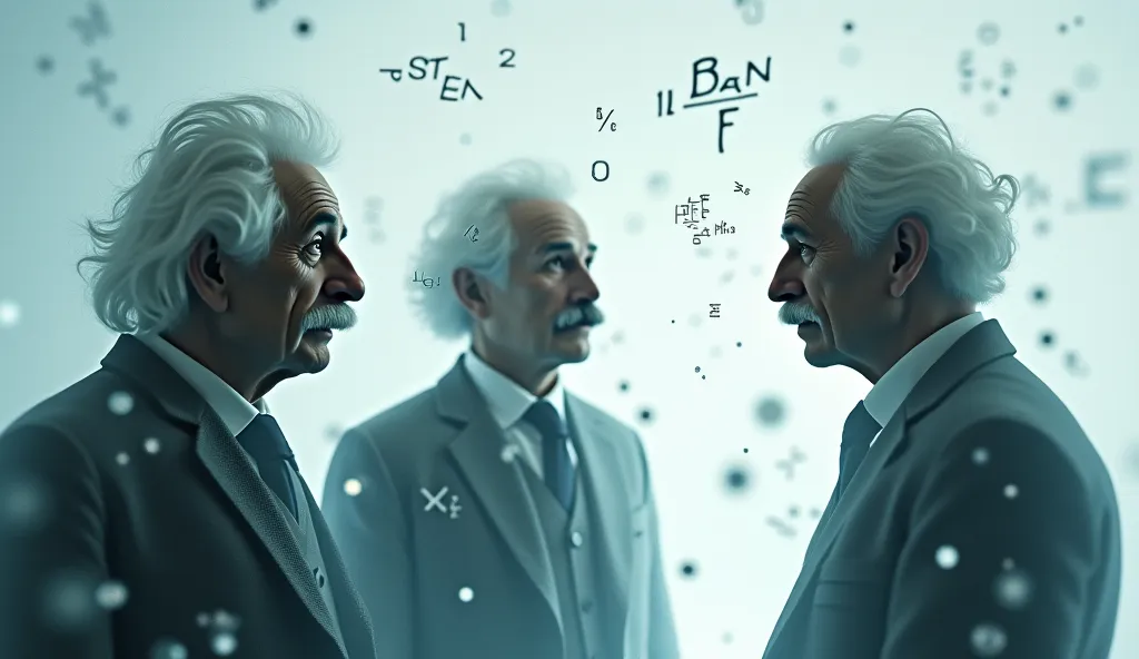  On one hand , un portrait translucide d’Albert Einstein, Podolsky et Rosen observe l’expérience EPR avec des formules mathématiques flottant autour d’eux