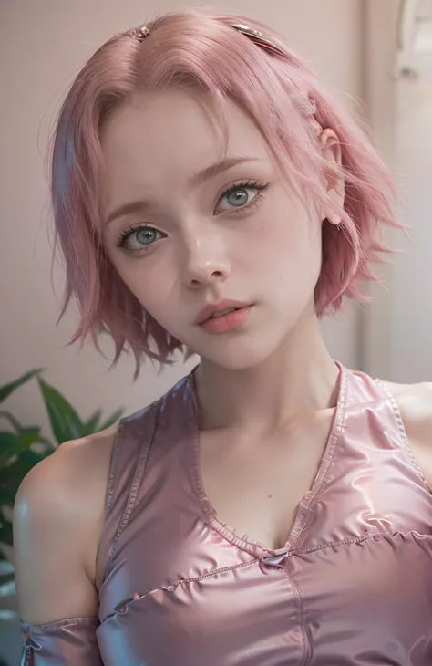  young,  short pink hair to the shoulders, wide forehead, porcelain skin, pink eyebrows, big emerald green eyes, button nose, full lips, Heart-shaped face, thin body pupils, small breasts, red sleeveless t-shirt, Sakura Haruno , realistic, realism,  detail...