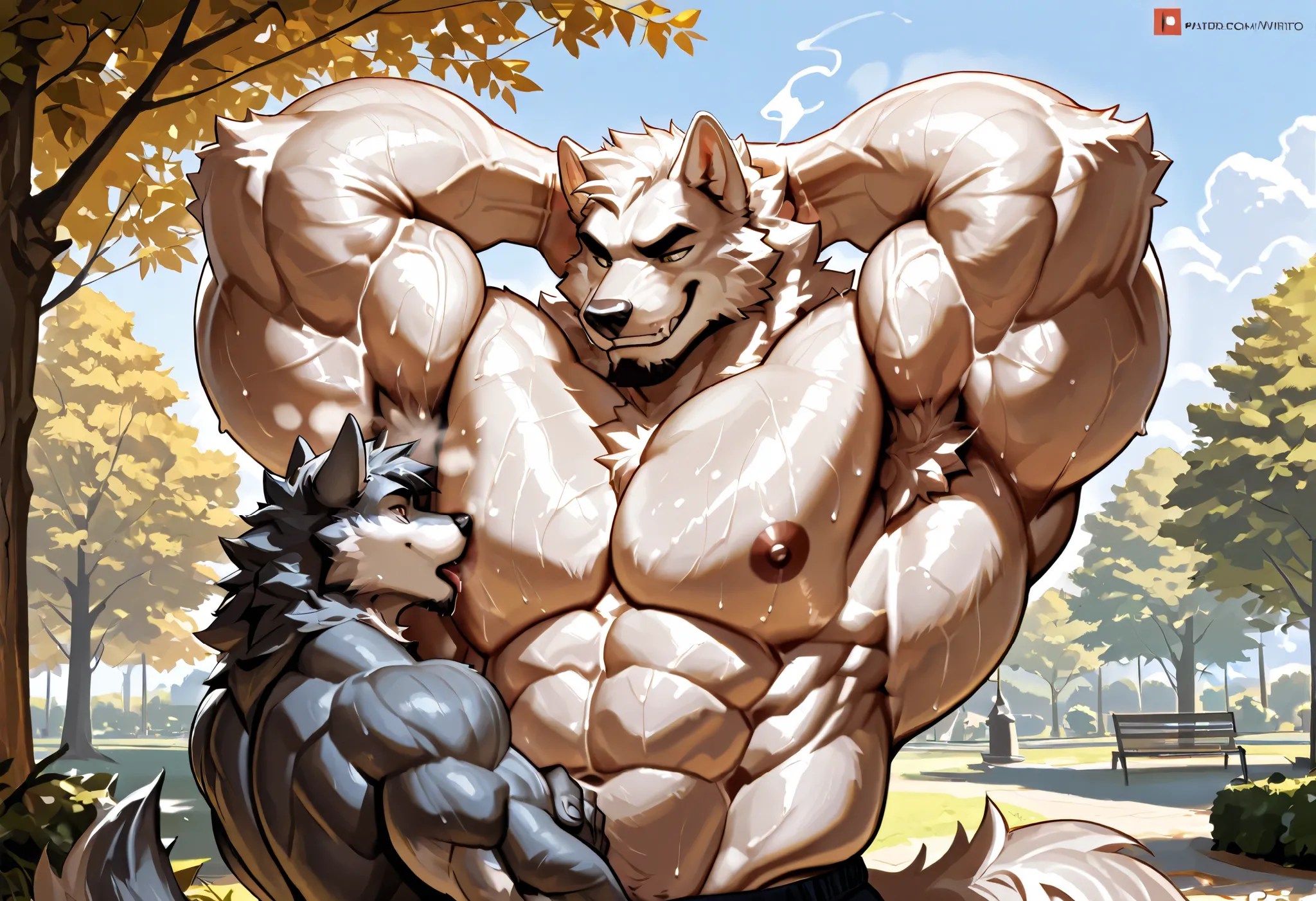 masterpiece, best quality, newest, absurdres, highres, highly detailed, cinematic, duo, male/male, male, furry, anthro, WhiteTiger, bara, big body, big muscles, old, mature, daddy, hefty, beard, white fur, fluffy fur, grin face, smirk, look dominant,nake, ...