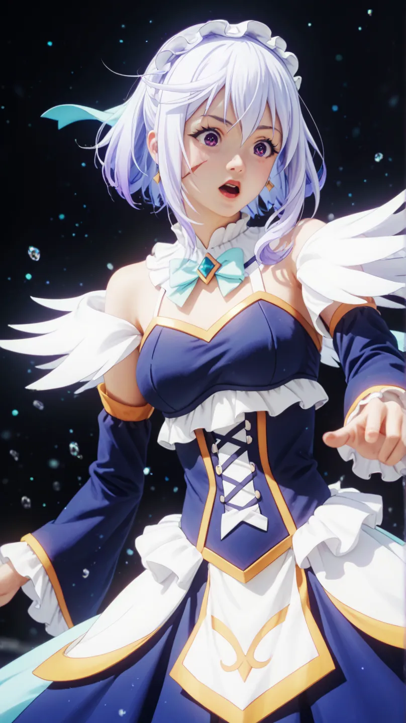 Puntuación 9, Puntuación 8, Puntuación 7. Chris from KonoSuba, Konsubáeris, Eris, short white hair, vibrant purple eyes, signature scar. She is cosplaying as Aqua, wearing Aqua’s iconic blue and white goddess outfit: a short blue dress with gold accents, d...