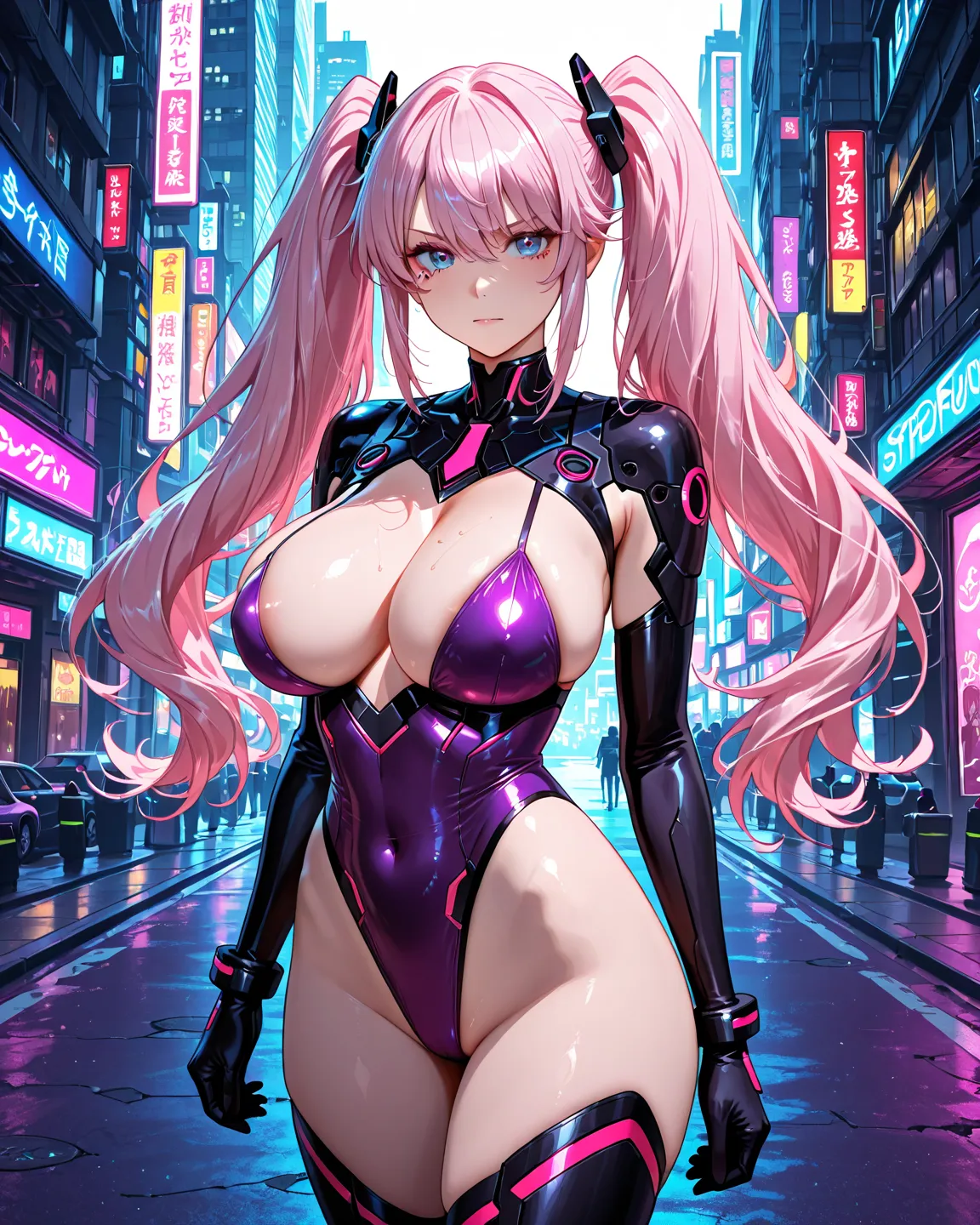   superior quality　Ultra Delicate　 anime Japanese anime 　  a pretty girl　light pink　Blue-purple landscape  　  central area of the city of the future　strong shadows 　  strong contrast 　  Cyberpunk　 big boobs 　 under her chest 　  ponytails　  ponytails