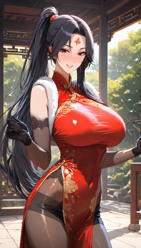 SOLO, A Female, Perfect body, oppai,(Chinese long hair,Black Hair,Single ponytail),(Black eyes),Red Forehead tattoo, Wearing A Red Taoist Robe (Cheongsam style),Wearing Fur Vest, Black pantyhose, Black long silk gloves, In the Chinese classical garden, Out...