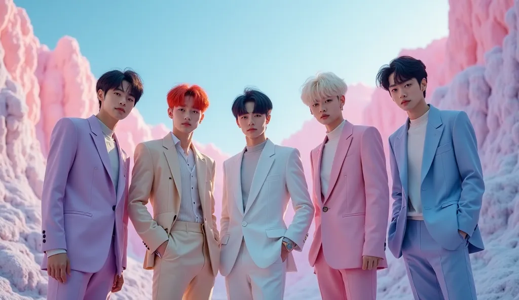 The image shows five Korean boys in a surreal setting with mountains colored in pastel colors, like a rose, blue and lavender ,  creating an ethereal atmosphere . They wear elegant and modern clothes inspired by fantasy fashion, exhibiting confidence and u...