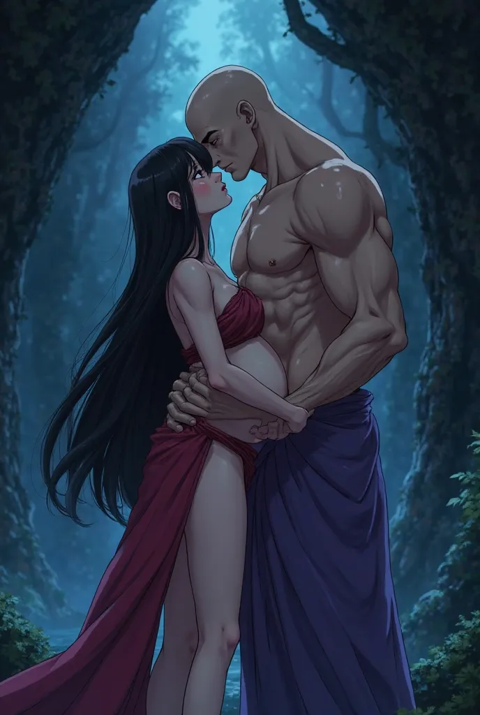 Trisal kissing cave at night 

Female character,  tall woman, red eyes, Fair skin, long black hair, Fair skin, naked ,  pregnant. hugging 

Male characters, giant muscular tall man, pele cinza bald, without clothes. hugging 

Male characters, giant muscula...