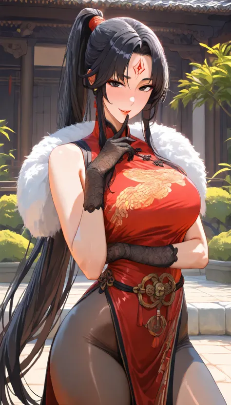 SOLO, A Female, Perfect body, (Chinese long hair,Black Hair,Single ponytail),(Black eyes),Red Forehead tattoo, Wearing A Red Taoist Robe (Cheongsam style),Wearing Fur Vest, Black pantyhose, Black long silk gloves, In the Chinese classical garden, Outdoor,N...