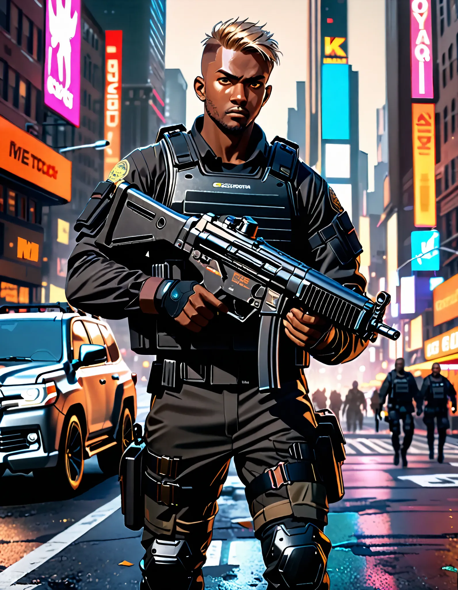 masterpiece, best quality, high res, 1boy, adult male, (dark-skinned male:1.4), solo, solo focus, cyberpunk solider, black uniform, tactical gear, light brown hair, short hair, dark brown eyes, 8 k, hd illustration, symmetrical, substance 3rd person style,...