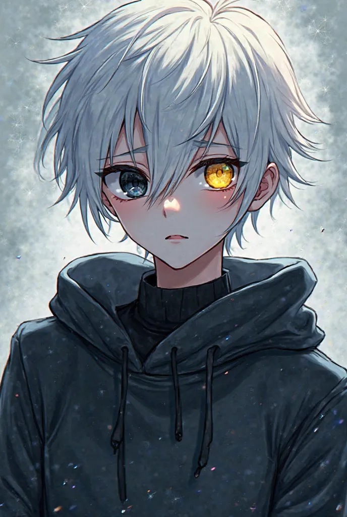 An anime-style male character with white hair, one black eye and the other yellow, wearing a sweatshirt.