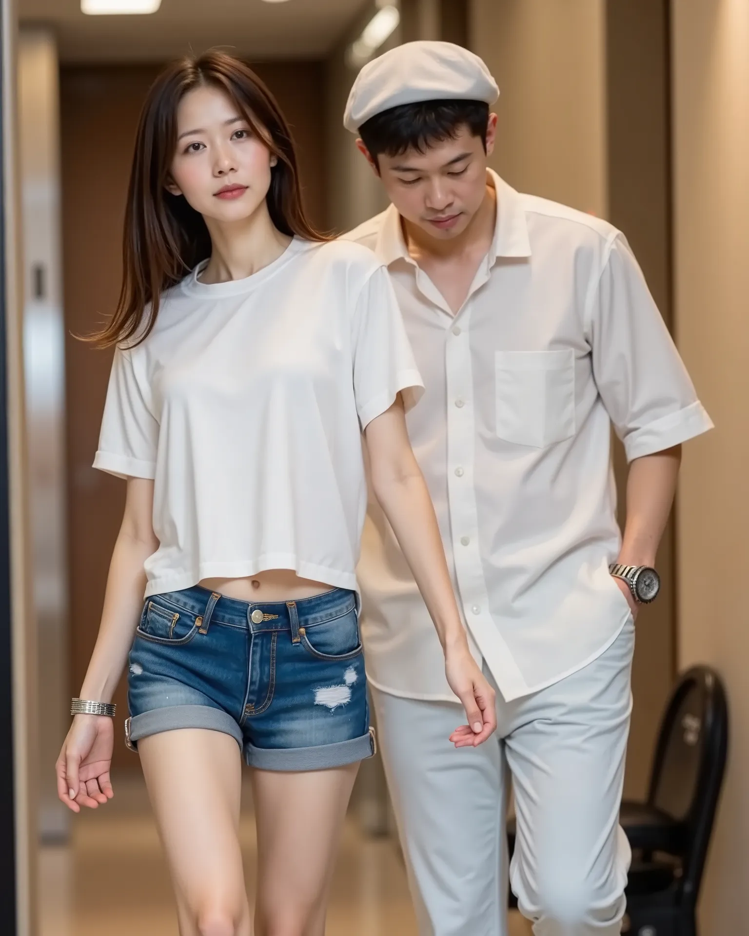  40 year old Japanese woman、very small breasts、Long hair with ears sticking out、white oversized t-shirt、jean fabric、Short shorts made of loose neck、I can see my chest when I bend down、Entering a love hotel holding hands with a man
