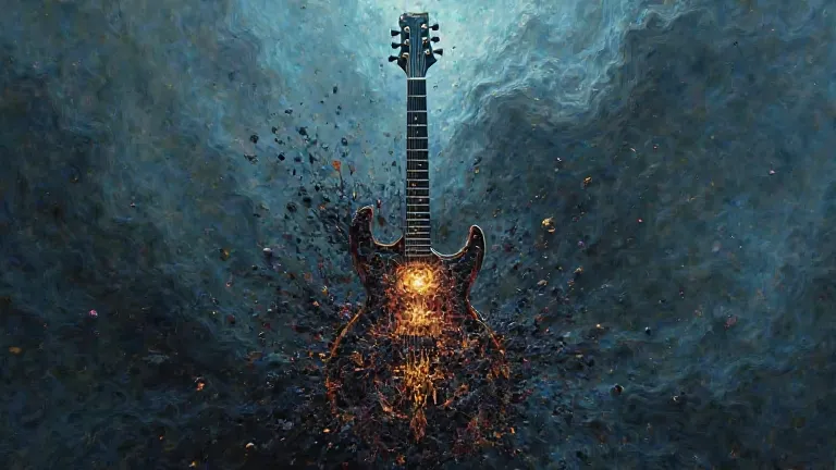 the swirling vortex of deep blue and black charcoal、the cracked guitar melts apart。その中心でteeth、the subtle flickering of deep red and gold pulsates briefly、the deep blue and black charcoal swirls、rises up like a faint breath of smoke。and the subtle flickerin...