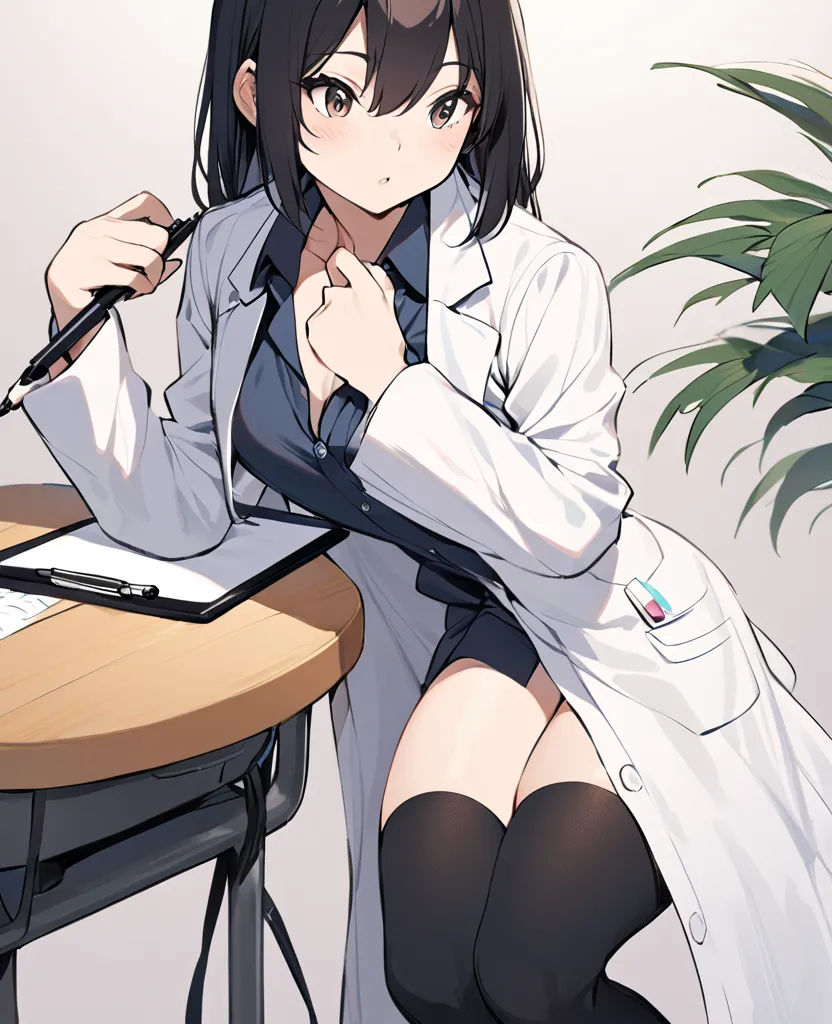 Ms. Okita is a flat‐chested Asian woman with straight black hair and dark‐brown eyes.

Her school attire is limited to a white lab coat and a pair of black stockings. Clipboard and pens are her accessories. She is used to wearing lingerie directly under th...