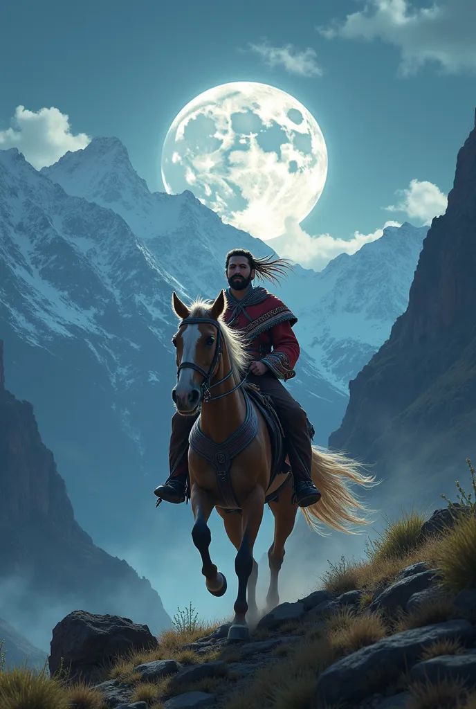 Rider on his horse with his chola chumbivilcana galloping under the full moon between the mountains of the Peruvian sierra  