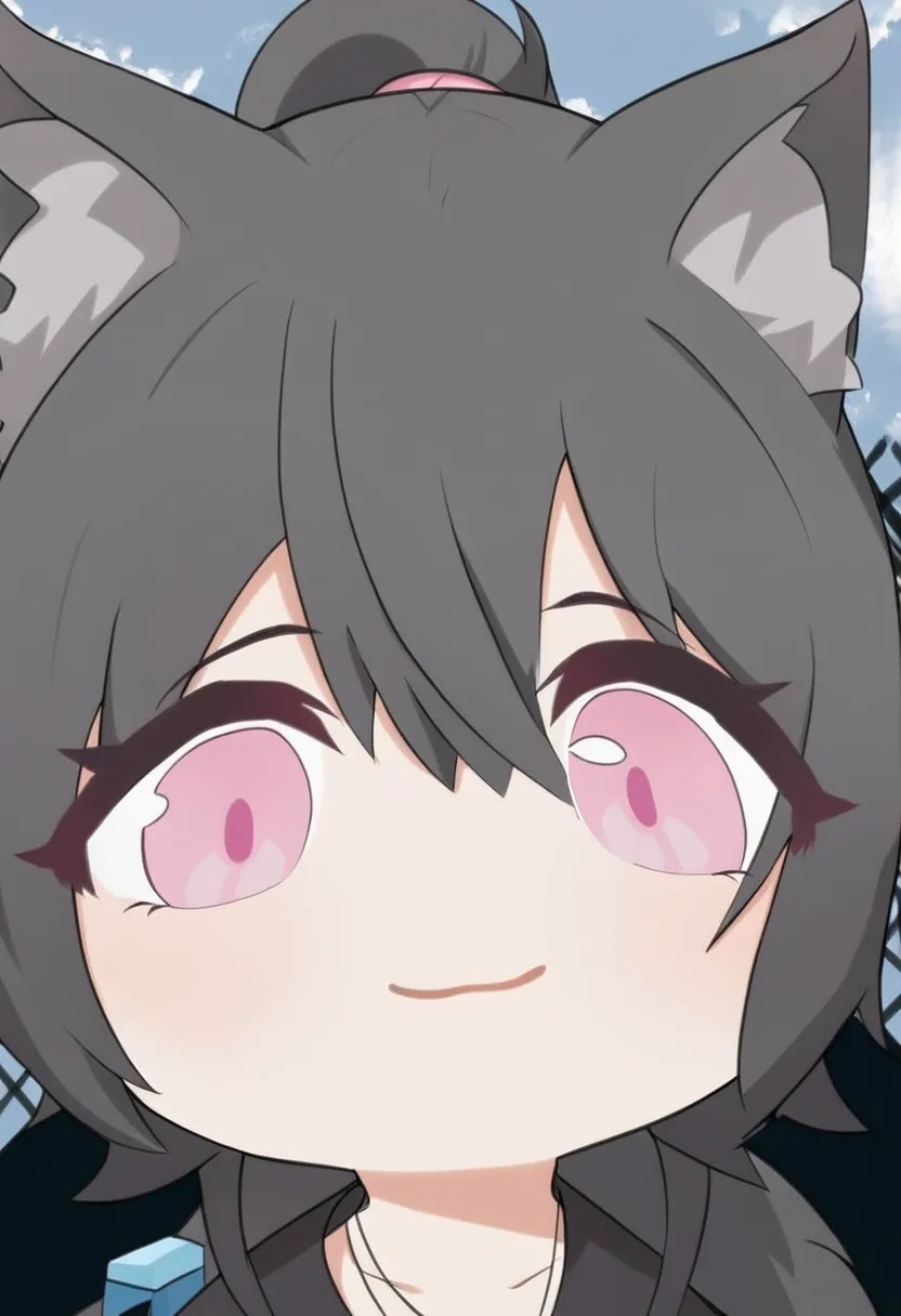 close_up  , score_9 , source_anime ,  1girl  , NOT_chibi AG Agarin  a , pink eyes , cabelo curto NOTgunçado ,  dark grey hair , Multiple Tones  , Wolf Ears , gray wolf tail , big boobs , BREAK AG  _Agarin  ,