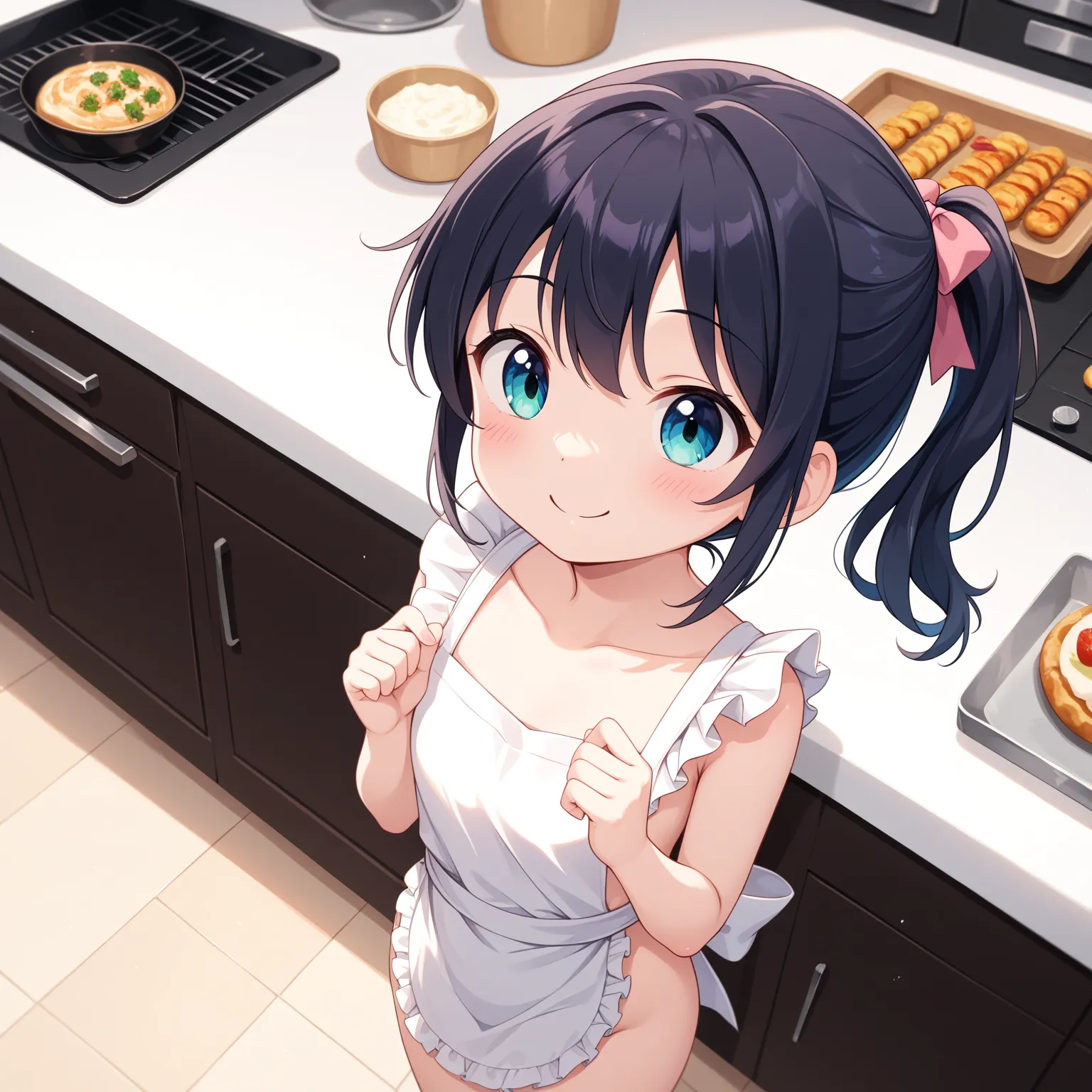 {best quality}, {very aesthetic}, {ultra-detailed}, {best illustration}, {masterpiece}, {detailed beautiful eyes}, {extremely detailed}, cute female ,Naked white Apron:1.4), kitchen, (loli, little, ultra cute kawaii:1.6), standing, blush, smile, from above