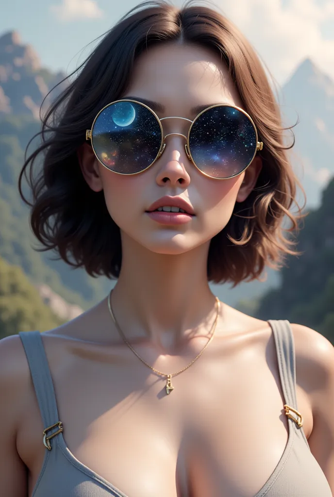 The model is wearing glass sunglasses with stars and the moon on the glass