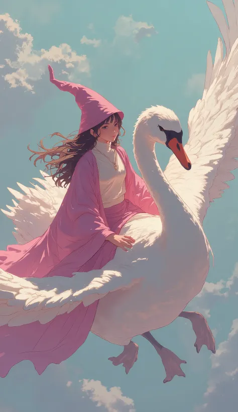 , girls wizard riding a flying giant swan. the girl wizard wears a rich pink pointy hat with the same magic robe, and a cream turtleneck under her robe. her long skirt is rich pink. view from above sky. realistic proposition and pose