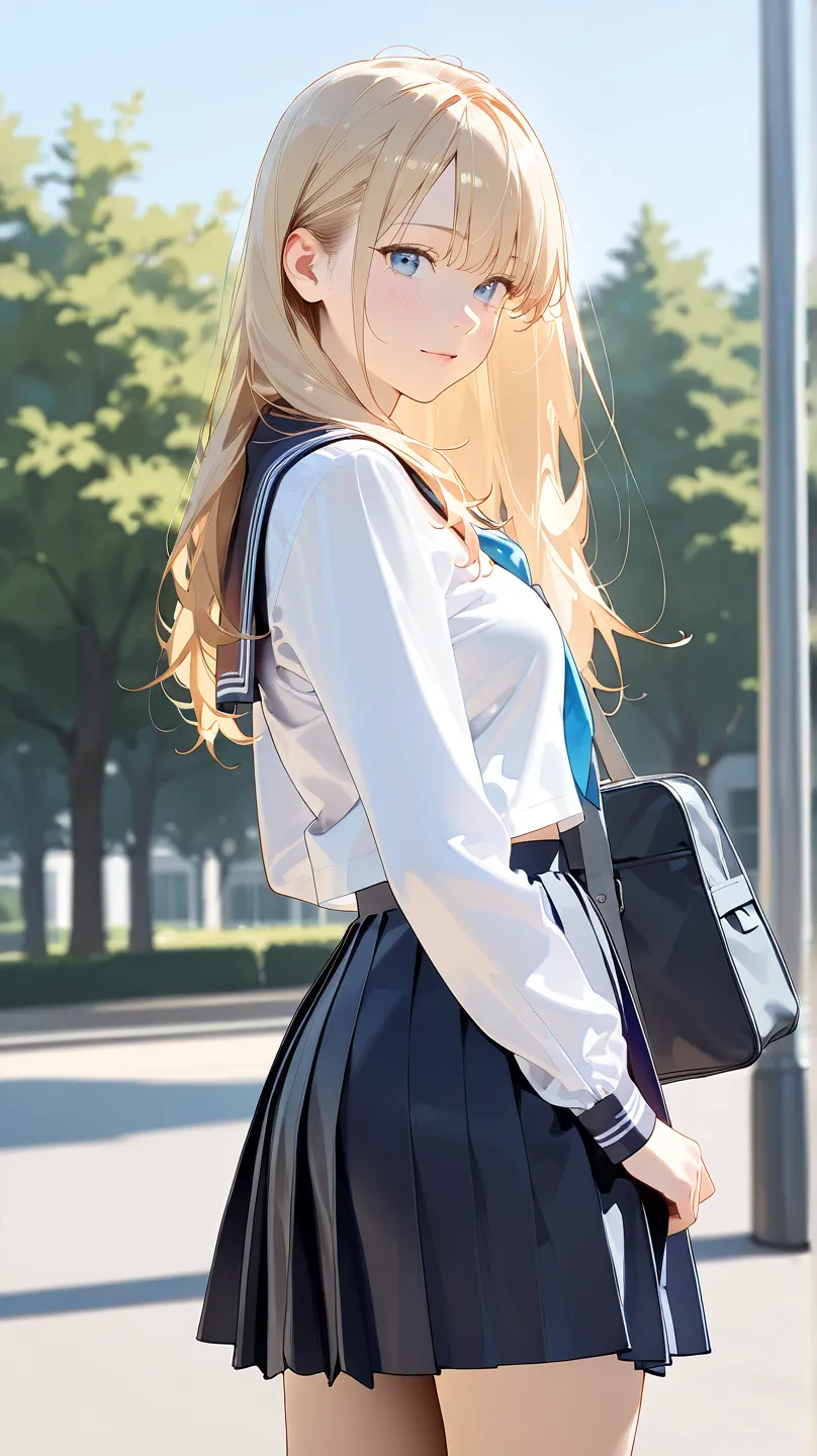 score_9, score_8_up, score_7_up, score_6_up, score_5_up, (masterpiece, best quality), ultra detailed, photorealistic, masterpiece, best quality, high resolution, 1girl, medium breast, clothed school uniform, school bag, in the park, blond long hair, from b...