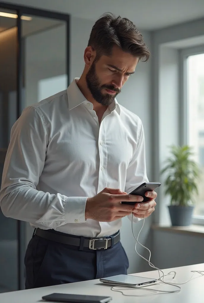 An image of a man charging his phone.