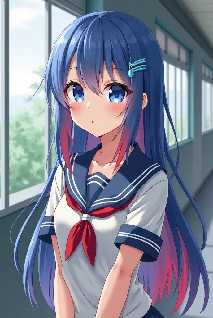 A girl with long blue hair. the tip of her hair red. blue eyes. An accessory representing a teardrop in the hair. Medium-sized boobs. Prosperous ass. In school uniform. Short. Embarrassed. in a school corridor. Tsundere 