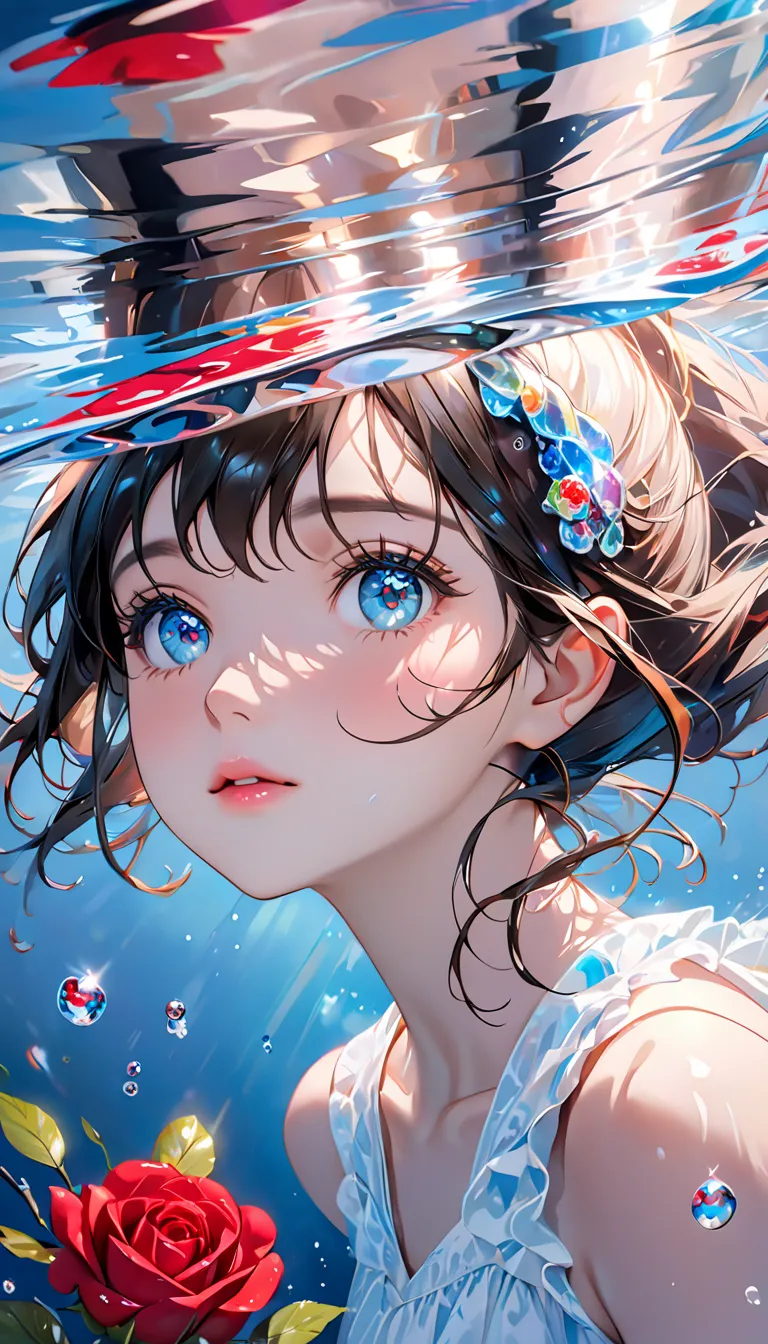 Girl swimming underwater ,ultra-fine rendering style,shine,Rose Red,Light Blue,brush,ultrarealism oil painting,shining eyes, close-up head ,Exaggerated perspective,Tyndell effect,Water Drop,Pearl oyster rainbow color,Holographic white ,black background,