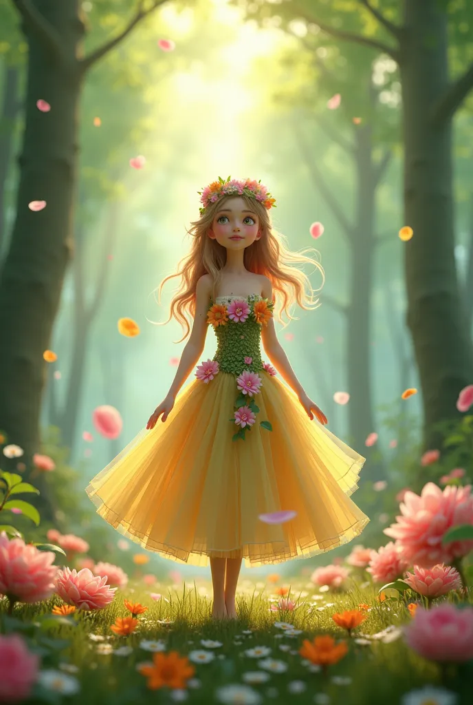 Spring Guard, flower petals on the dress and in the forest and in Disney style 3d illustration 