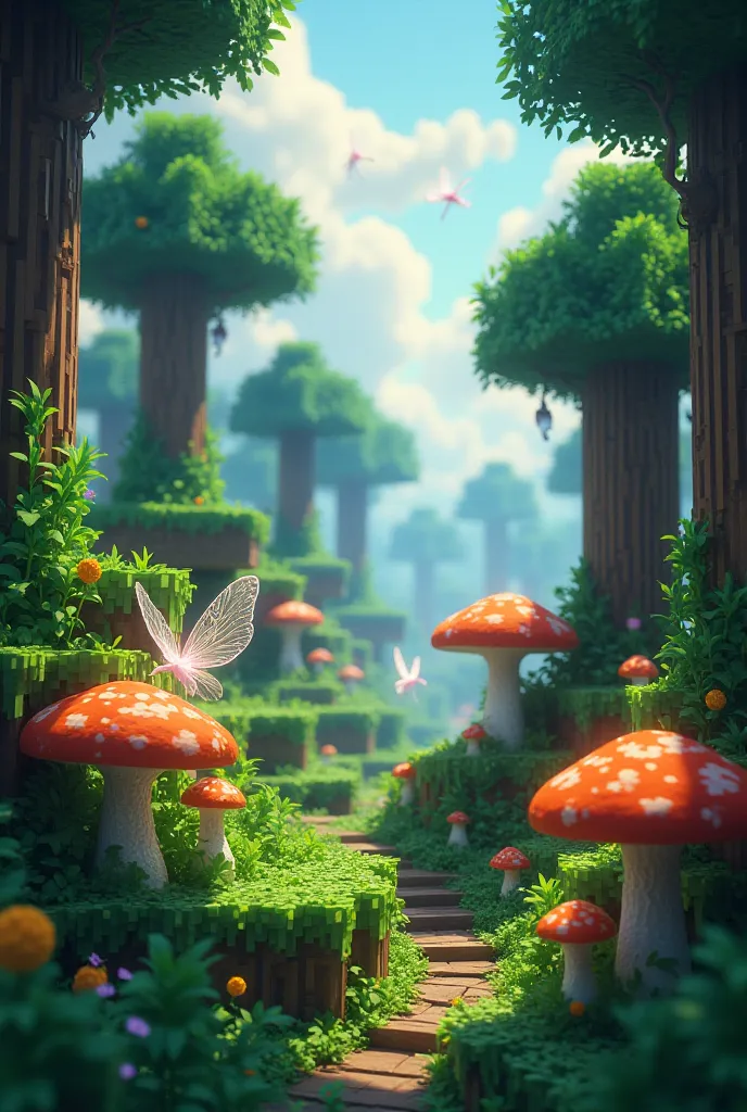 Fantasy Minecraft world with bushy plants, fairies, mushroom
