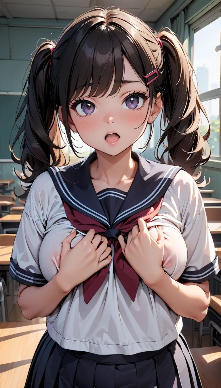 nsfw:1.5， girl , 1 person,   black hair, shortcuts, hair clip, 1,  plump chest， school uniform,  sailor suit, classroom:1.2, , Look up modestly at the audience:1, and open your mouth slightly,  light and shadow with great  Attention to Details ,  blur the ...