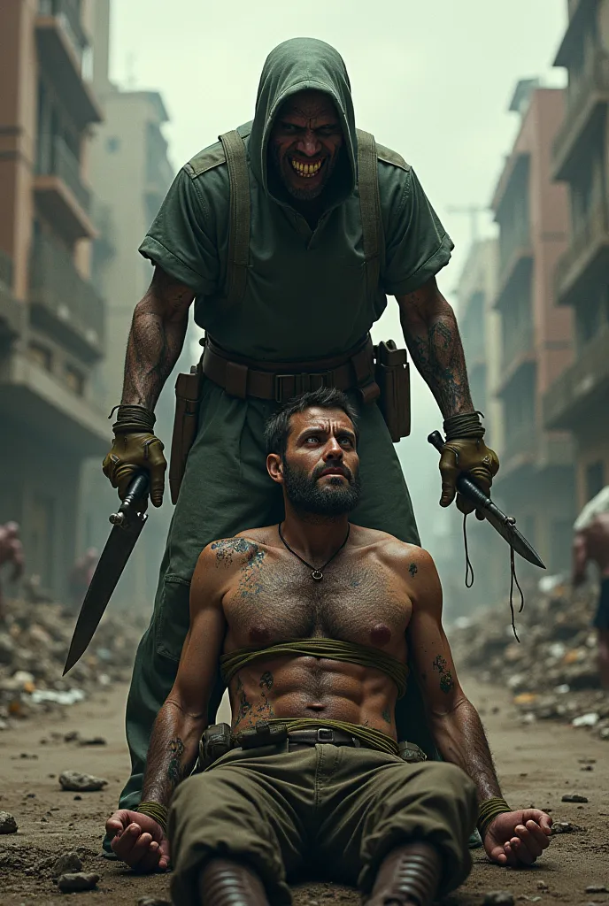 a city totally devastated by a zombie outbreak in the background and a tied soldier and a guy in surgeon's clothing with a knife in his hand laughing looking at the soldier's face