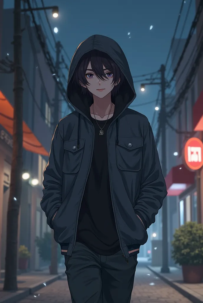 "A Gacha Life-style boy walks along a quiet street at night, wearing a hooded jacket. His eyes widen as he hears the distant sound of a crash."