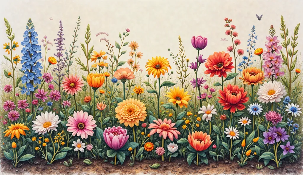 drawing in colored pencils of a flower bed with lots of colored flowers