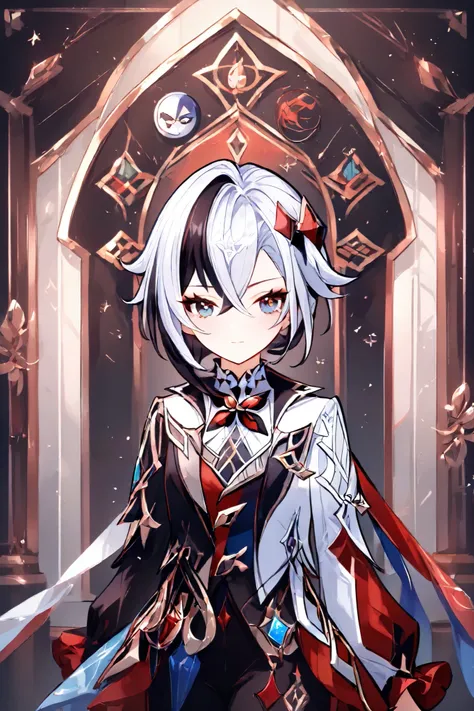 masterpiece, best quality, intricate details, cowboy shot, 1 girl, Alone, icon,Deformed Characters,harlequin (Genshin Impact),inflammation、two-dimensional、picture、pastel colors hanging over her head、Dark、Not bright、Subtle colors