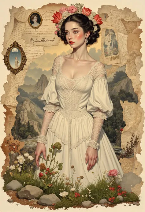 Super detailed alcohol ink painting of gorgeous girl, Made on top of a mixed-media masterpiece patchwork of stress-free vintage script paper, Ephemera, Torn cardboard, Vintage newspaper, Vintage sheet music, Wax Seal, Dress made of paper ruffles and life-s...