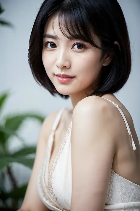 full body、dark hair short hair、Age 35、I can see my cleavage、 woman dressed in white , Closeup of Tsuyu , Beautiful Korean Woman Wearing Black Hair, Gorgeous Young Korean Women, Cute Korean Actresses,  Nam Jae-yeon, Korean idol portraits,  Jung Hwa-choi , b...