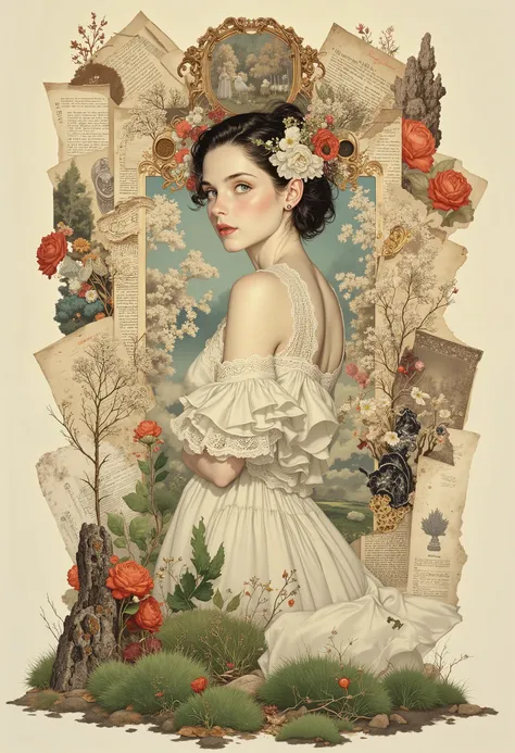 Super detailed alcohol ink painting of gorgeous girl, Made on top of a mixed-media masterpiece patchwork of stress-free vintage script paper, Ephemera, Torn cardboard, Vintage newspaper, Vintage sheet music, Wax Seal, Dress made of paper ruffles and life-s...
