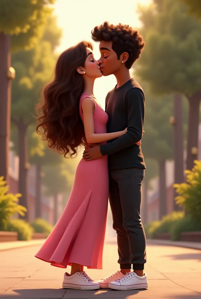 white girl, long curly brown hair, and dressed , Long pink,white sneakers,kissing a boy, with medium curly hair#Curls Like Molinhas" ,pele tom chocolate marrom, in a long sleeve shirt, Black, calça Black,white sneakers, animation inspired by Disney Pixar 