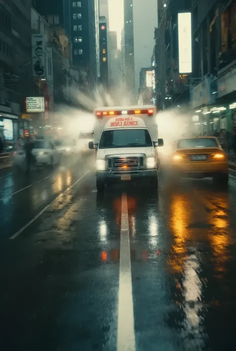 Ambulance Carrying Emergency Patients, Racing on Public Roads in Rainy Weather, Time Race for Moments, Time Battle to the Hospital, Heavy traffic jam, Rainy Day Expressway,
bird's eye view, A dynamic perspective that conveys the atmosphere of rain that sp...