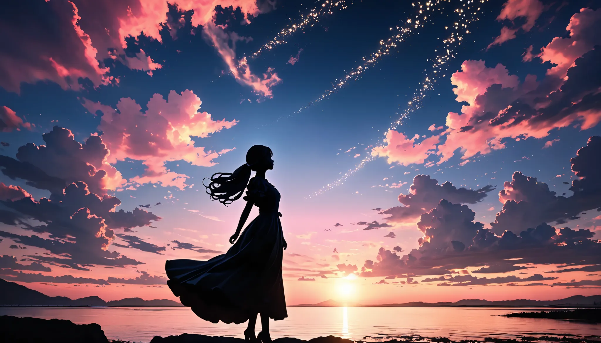 black human silhouette、This image is、 creates a stunning and enchanting contrast with the dark silhouette {x} depicts a black silhouette of a girl standing against a beautiful blue sky and pink clouds。 The girl rises from near the horizon to deep white .. ...