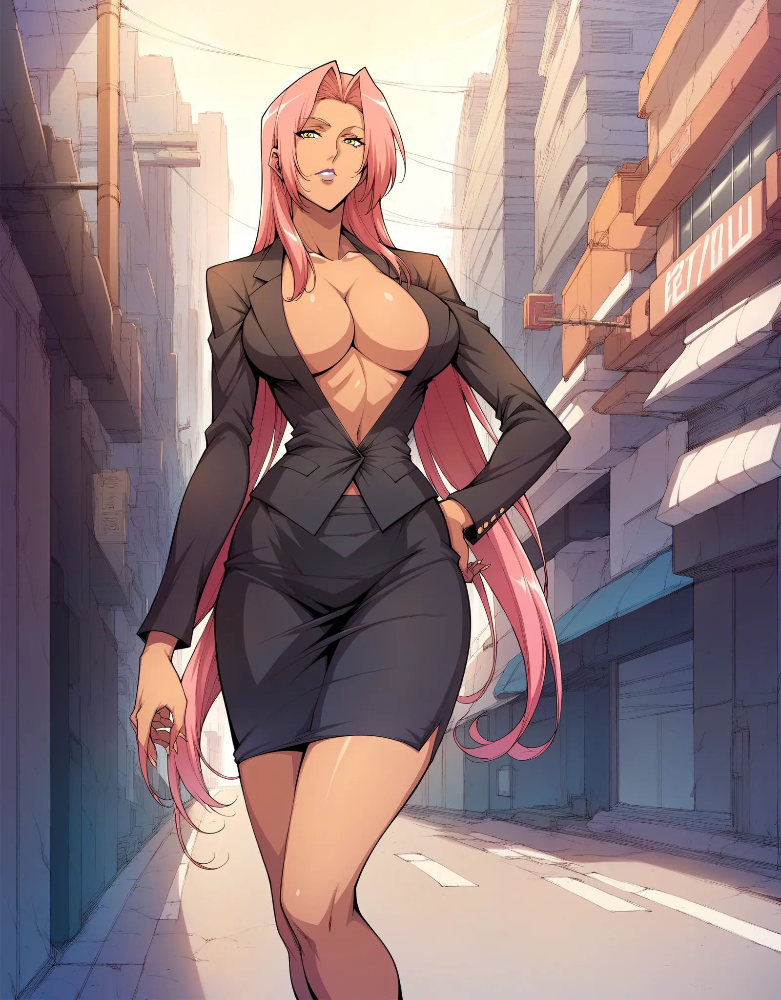 ,score_7_up,score_8_up,scrore_9,ingrid,dynamic angle,dark-skinned female,mature female,1girl,solo,ig-sti,cleavage,suit,no bra,center opening,black pencil skirt,black jacket,long sleeves,street,city,