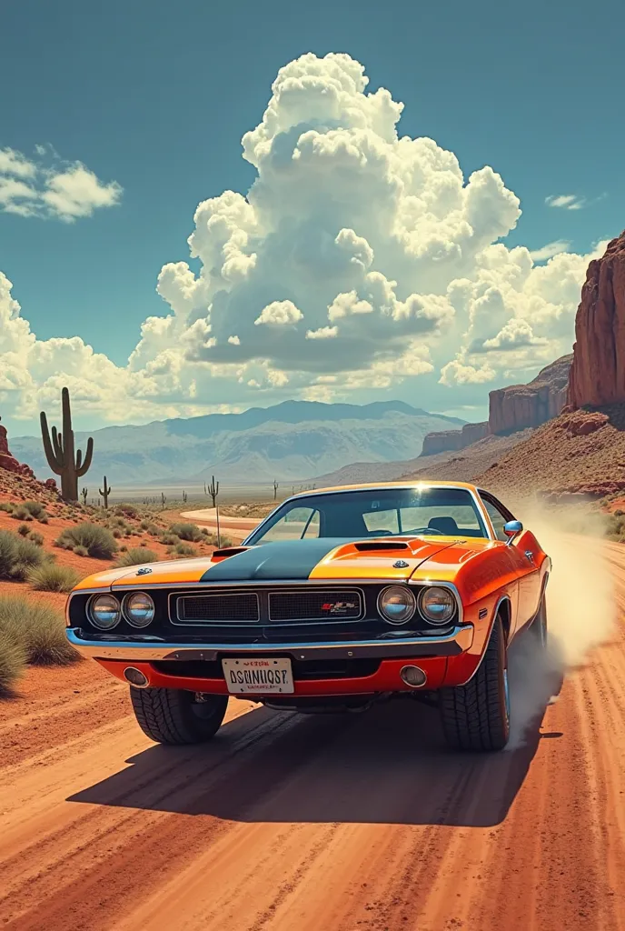 "Imagine a 1968 Dodge Challenger in a vibrant orange hue, highlighted by a sleek black stripe that accentuates its classic curves. The car is set on a race track in the heart of the Texas desert, evoking the spirit of the Wild West. Every detail is rendere...