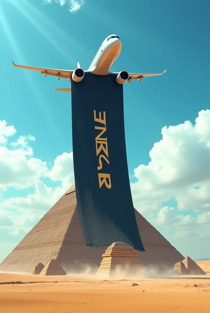 Make a video with a plane throwing a black cover on the pyramid with the word “ TZAR “ written on the cover 