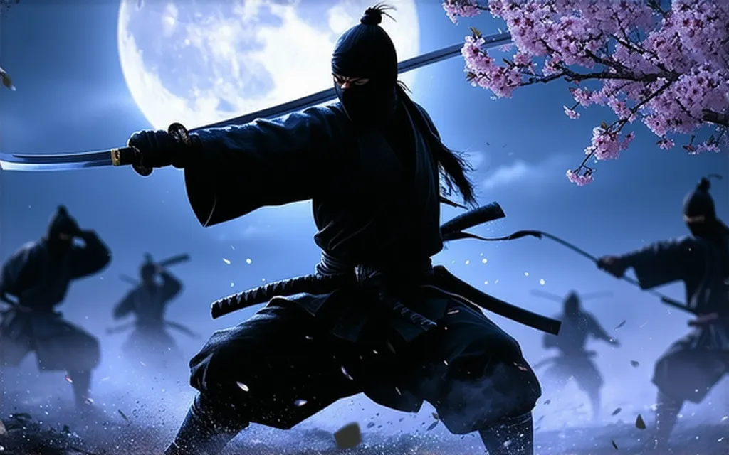 A highly elaborate digital painting depicting traditional Japanese ninjas fighting under a full moon。 night、Surrounded by Sparkling Cherry Blossoms。A ninja facing the front, wearing a black ninja costume, holding a sword in his right hand and stabbing the ...