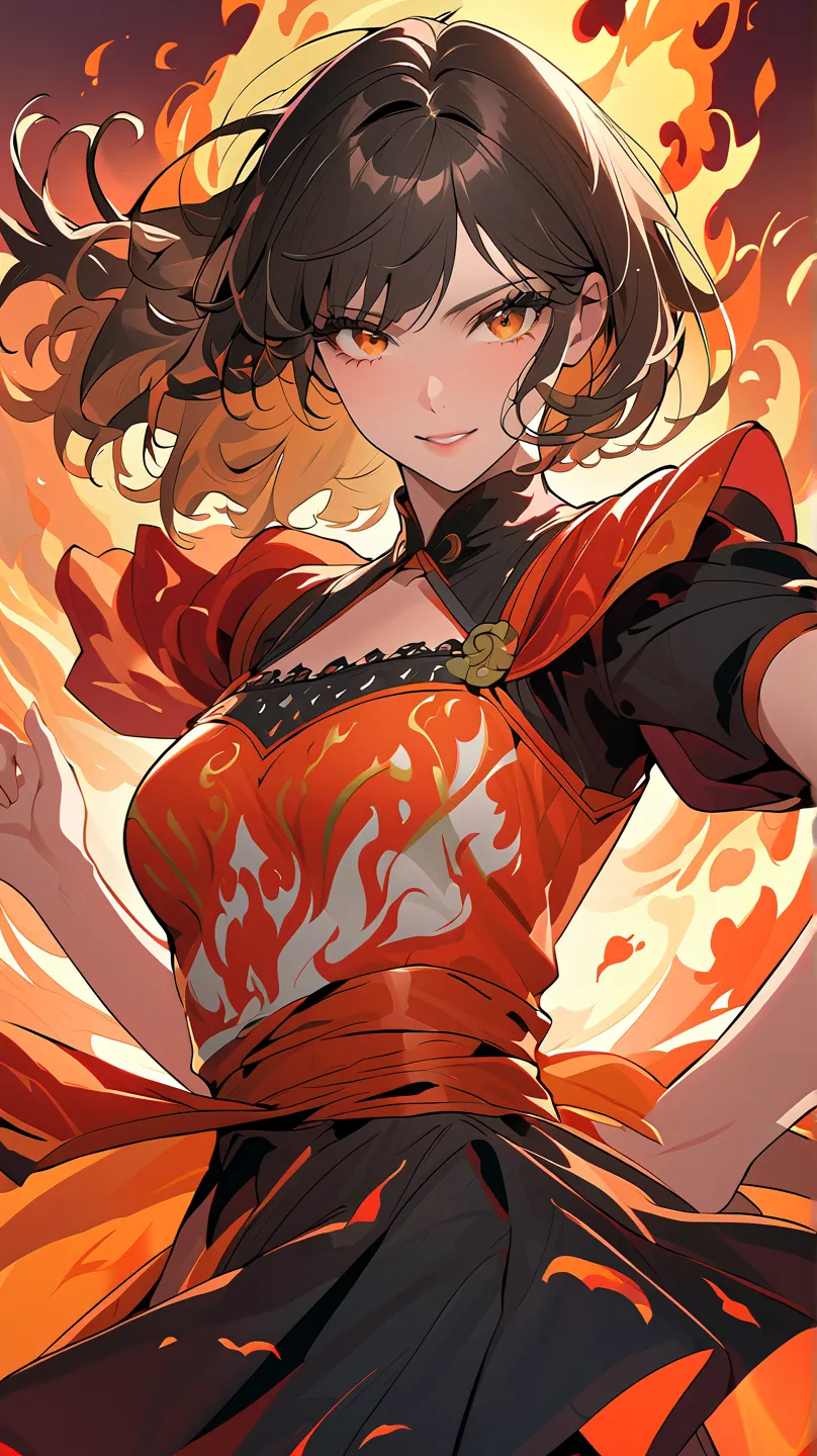 Beautiful illustration, close-up of a woman's upper body
Fire Dance Scene An energetic and passionate scene. The characters dance while surrounded by blazing flames. The costumes are vibrant dresses with red and orange as the main colors, and the dynamic d...